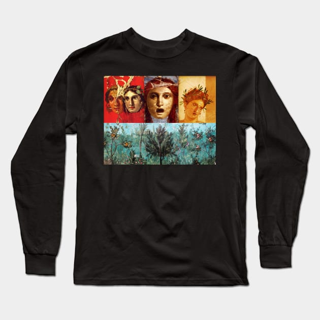 ANTIQUE ROMAN PAINTINGS ,GREEK THEATER MASKS WITH FLOWER GARDEN Long Sleeve T-Shirt by BulganLumini